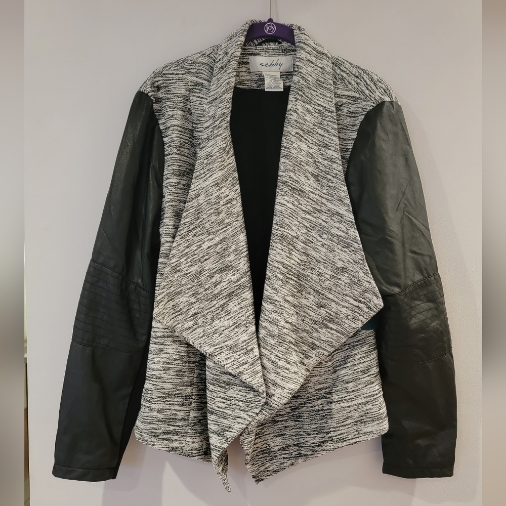 Sebby Open Front Draped Marled Black/White Tweed Blazer Moto Jacket